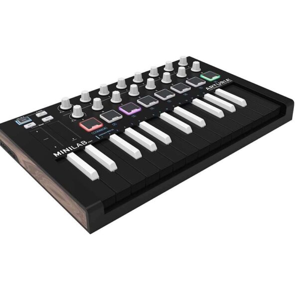 Arturia Minilab Mk II Inverted-MIDI Controller Keyboard is a compact, portable USB-MIDI controller that ships with a comprehensive audio production software suite. Utilizing USB bus power, the velocity-sensitive twenty-five-key controller adds a dual bank of eight velocity- and pressure-sensitive backlit performance pads, sixteen rotary controls that provide dedicated premapping. A sustain pedal input (pedal optional) extends the functionality of the controller. Arturia Minilab Mk II Inverted-MIDI Controller keyboard Features Small profile, portable controller Twenty-five note, velocity-sensitive slim keyboard Eight RGB backlit performance pads with two internal pad banks Sixteen rotary encoders with dedicated premapping for the included Ableton Live Lite and Analog Lab Lite software Keyboard octave-up and octave-down switching for full-range access Pitch bend or modulation using responsive, capacitive touch-strips Sustain pedal jack Includes Analog Lab Lite, Ableton Live Lite, and UVI Grand Piano Model D virtual piano USB/MIDI class-compliant – no drivers needed Kensington security slot About this item Looks awesome: cool inverted color scheme Intuitive controls: master your DAW, plugins and instruments Expressive keyboard: feels better than other small controllers Amazing included software: analog lab Lite, Ableton Live Lite, Grand piano model D Includes USB cable and user’s manual