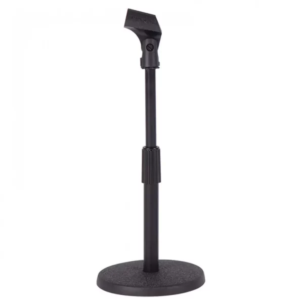 Universal tabletop microphone stand with heavy duty iron base Can easily hold weighted condenser microphones 6″ to 12″ height adjustment Standard mounting thread can accommodate any microphone holder