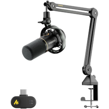 maono PD200WS Hybrid Wireless Podcast Microphone Kit with Boom Arm and Base