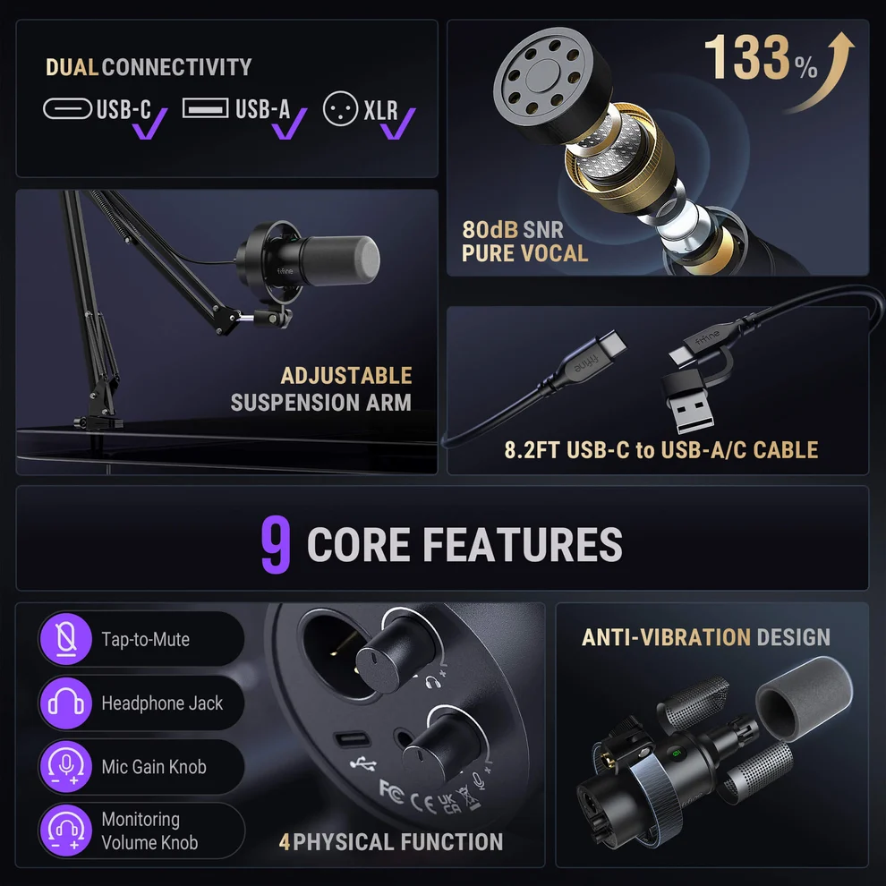 FIFINE AmpliTank K688CT USB/XLR Dynamic Microphone Kit with Boom Arm Stand 5 FIFINE AmpliTank K688CT USB/XLR Dynamic Microphone Kit with Boom Arm Stand - Image 5